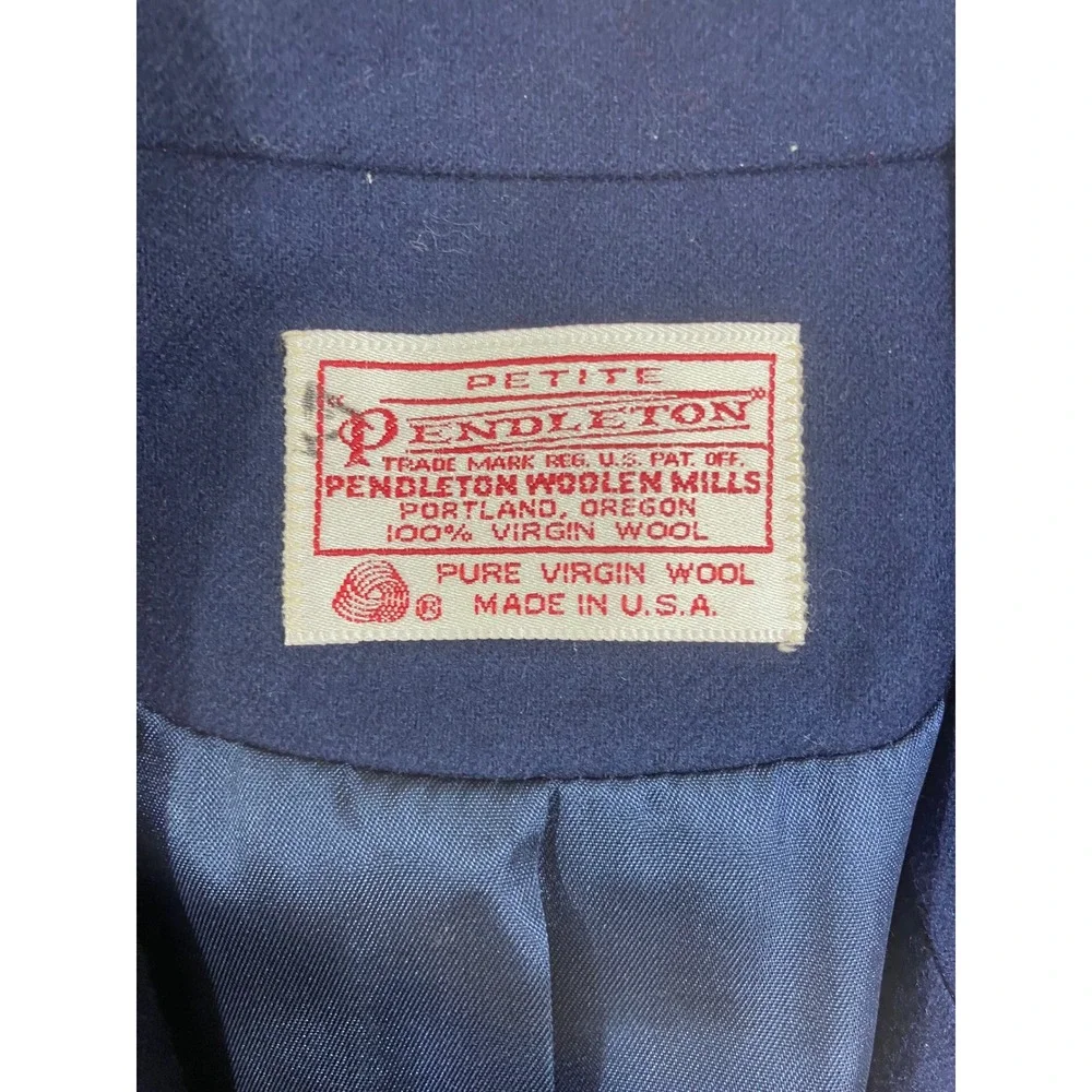 Vintage Pendleton Petite Navy‎ Blue Wool Skirt Suit Set Blazer Size 12 Made USA